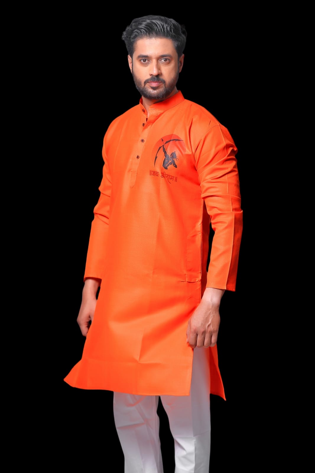 Picture of Saffron Kurta with Printed "Jay Shree Ram" Logo